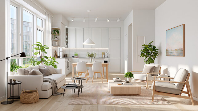Helles Studio-Apartment im skandinavischen Stil mit wei&szlig;en W&auml;nden, hellem Holzboden, offener K&uuml;che, Essplatz, Sofa, Couchtischen, Pflanzen und dezentem Wandbild &ndash; minimalistisch und elegant.