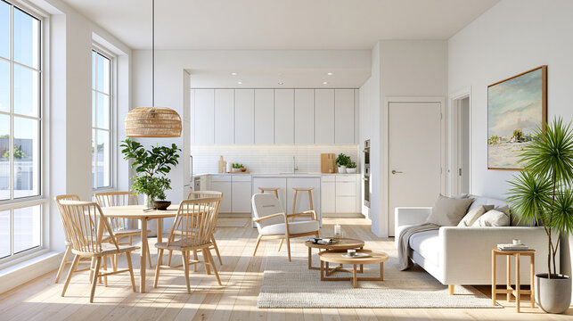 Helles Studio-Apartment im skandinavischen Stil mit wei&szlig;en W&auml;nden, hellem Holzboden, offener K&uuml;che, Essplatz, Sofa, Couchtischen, Pflanzen und dezentem Wandbild &ndash; minimalistisch und elegant.