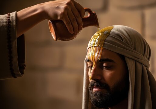 Elderly man in traditional turban receiving anointing oil in warm light