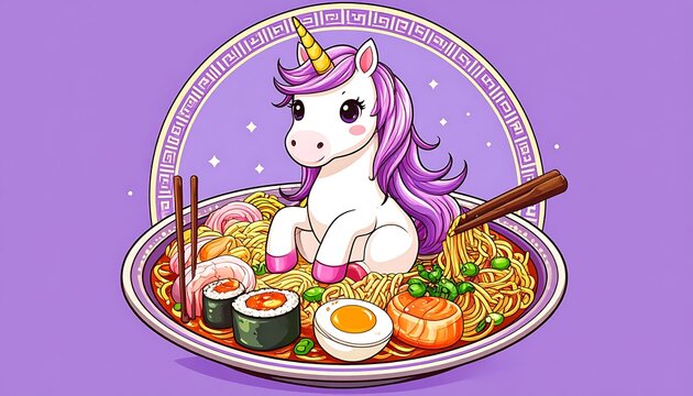 Cartoon unicorn eating Asian food plate.