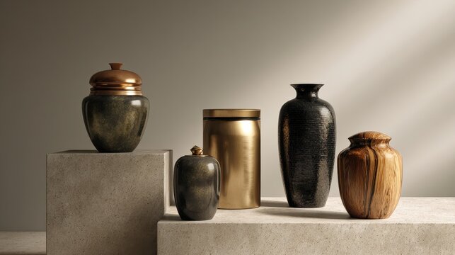 Photorealistic digital render of cremation urns on a neutral memorial pedestal with soft lighting