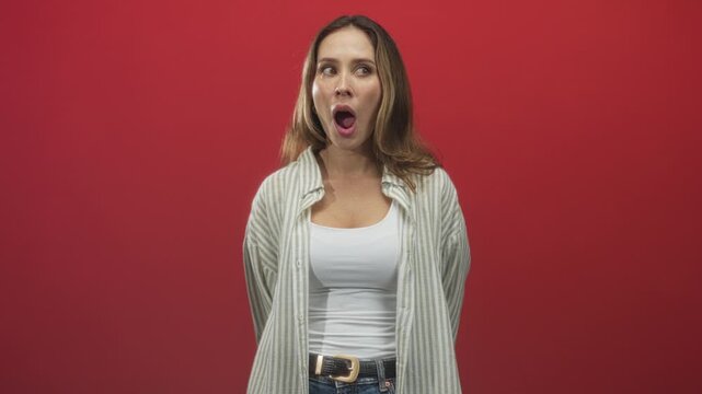 Woman with mouth open in a gasp, hands behind back wearing white tanktop and striped shirt against a red studio backdrop; surprise wonder.