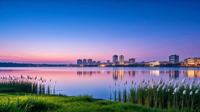 City skyline at dusk with lake and reeds