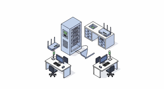Computer server room with workstations and network equipment.