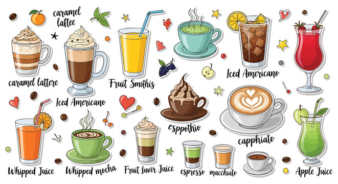 Coffee, tea, and juice icons, 16 beverage illustrations, colorful drink set, vector graphics