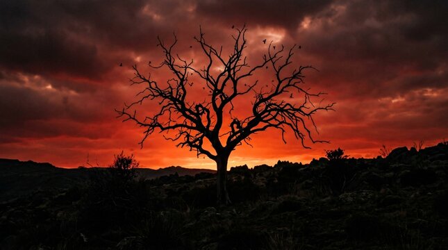 Silhouette of a dead tree with birds flying against a dramatic fiery orange sunset sky