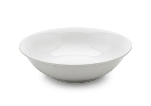 A pristine white bowl sits alone against a stark white background.