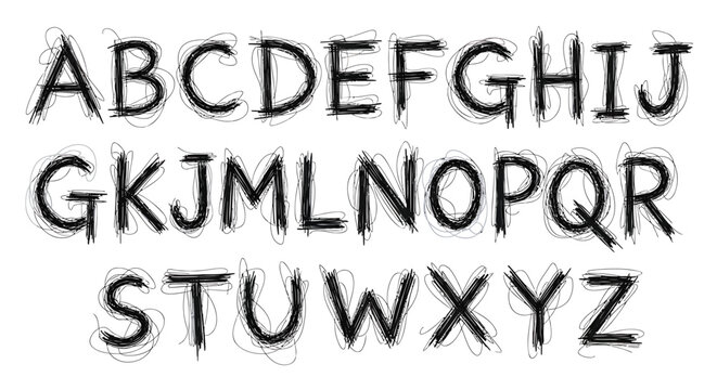 Alphabet letters, graffiti font, black and white, stencil style, typography set, 26 characters