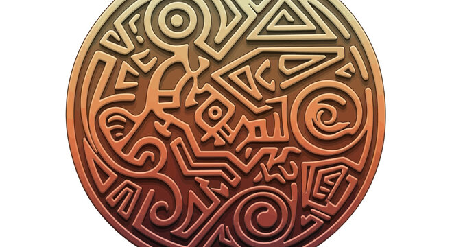 Intricate Circular Aztec Sun Stone Inspired Design with Geometric Patterns and Swirls
