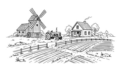 Fototapeta premium Countryside farm sketch with tractor and mill hand drawn rural vector illustration