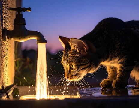 cat drinking from outdoor faucet at dusk.