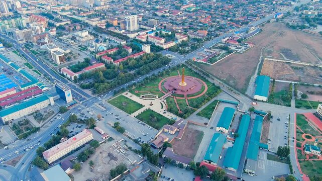 Grozny, Russia. Memorial. Panorama of the city center from the air. Time after sunset. Drone footage, Point of interest