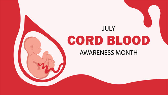 Cord Blood Awareness Month campaign banner for July. Awareness about the medical importance of cord blood donation, stem cell preservation, birth, and newborn health. Vector illustration 
