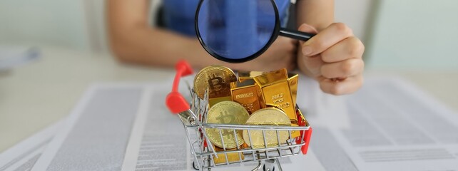 Holding cash and gold bars in a shopping cart indicates investme © Nadzeya