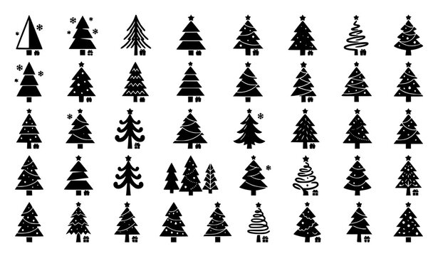 Minimal black Christmas tree icons set vector illustration of winter pine fir forest silhouettes with snow and holiday elements