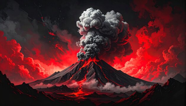 dramatic volcanic eruption with ash cloud and glowing lava at night