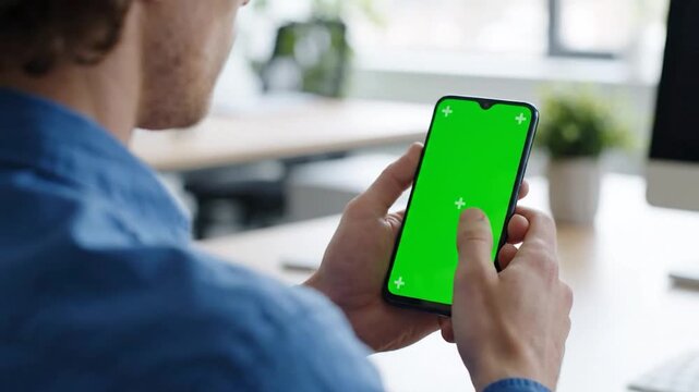 Man holding a smartphone with green screen in office, close-up of hand using mobile device
