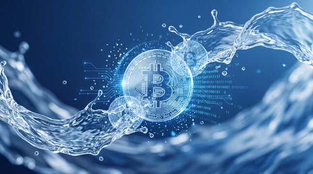 Bitcoin digital currency symbol emerging from splashing water and binary code.