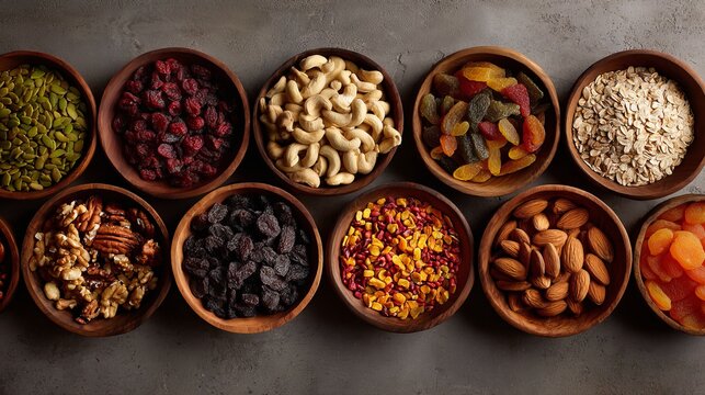 Assorted Nuts and Dried Fruits in Wooden Bowls on Gray Background For Healthy Snacking Concepts