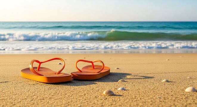 Summer Vacation: Flip-Flops on Golden Sand by the Ocean