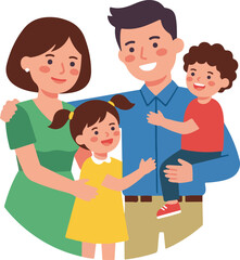 Obraz premium Cheerful family portrait with loving parents and their happy children showcasing warmth, joy, and togetherness in a vibrant illustration of a happy family