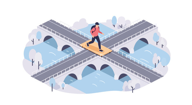 Person crossing a bridge intersection over rivers, isometric view, urban landscape