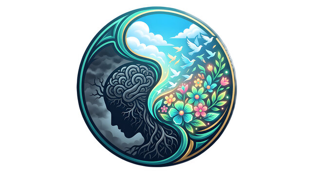 Yin yang style mental health illustration showing a silhouette with tangled brain roots in dark clouds versus bright flowers and birds, symbolizing inner struggle and spiritual healing.