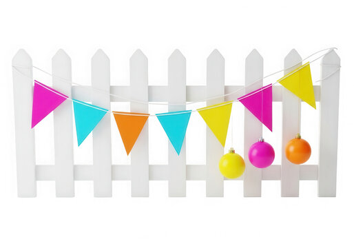 Colorful triangular bunting flags on fence isolated on transparent background