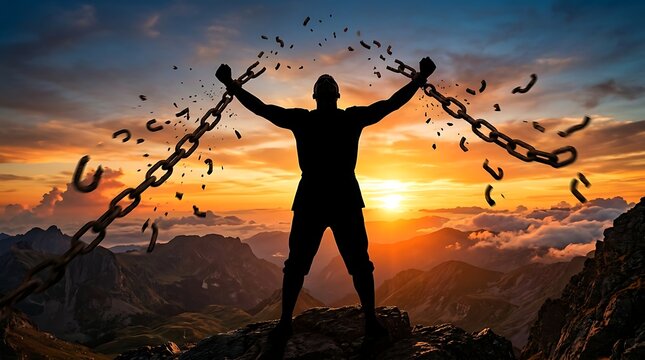 Man standing on mountain peak breaking free from heavy chains at sunset