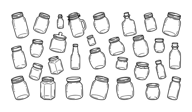 Minimal jar outline vector set empty glass container doodle collection template elements isolated white