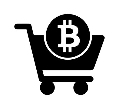 Black shopping cart vector icon with a bitcoin symbol inside the basket