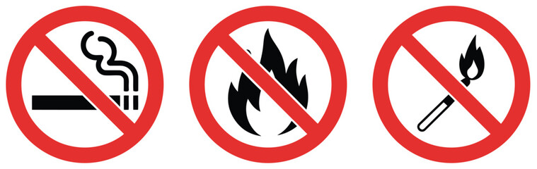 No smoking and no open flame prohibition sign set with red warning fire and match icons vector design for safety rules and regulations © MASUD. RANA