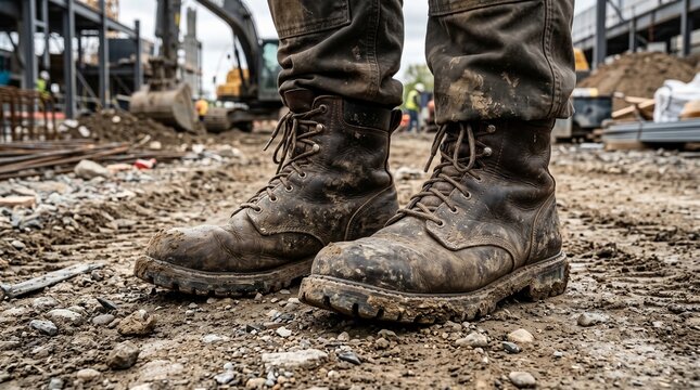 Close-up of dirty work boots on a construction site, implying hard labor