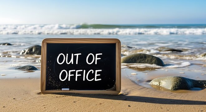 Out of Office Chalkboard Message on a Sunny Beach by the Ocean