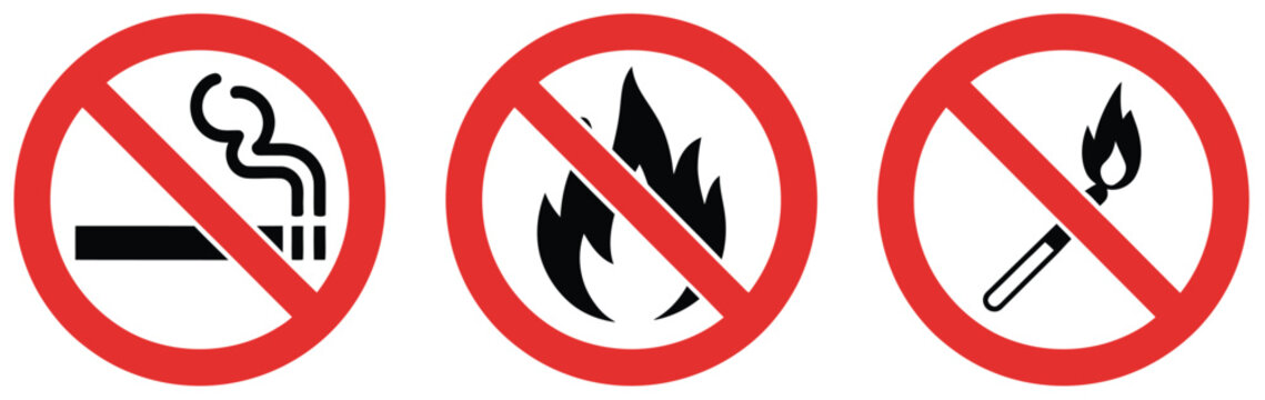 No smoking and no open flame prohibition sign set with red warning fire and match icons vector design for safety rules and regulations