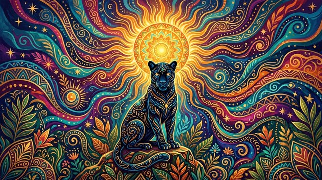 Psychedelic black panther portrait with sun mandala and vibrant swirling patterns