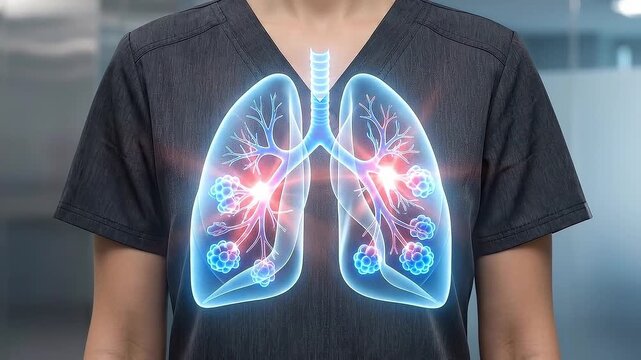 Lung alveoli illustration highlighting oxygen exchange process inside respiratory system with glowing blue and red anatomy details on medical uniform background for healthcare education