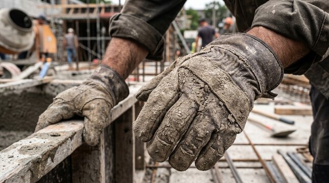 Construction Worker's Hands in Gloves Working on a Building Site