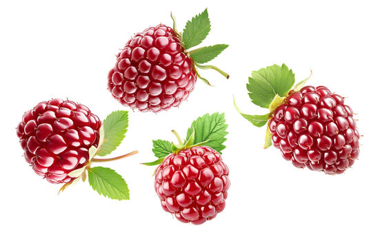 Shiny ripe loganberries or raspberry with vibrant green leaves, on white background. Concept of freshness and healthy food