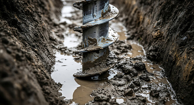 Muddy trench with metal pipe