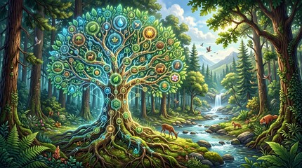 Fototapeta premium Mystical glowing tree of life in lush green forest with diverse wildlife and magical aura.