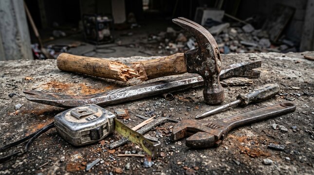 Collection of various worn and weathered construction tools on a rough surface