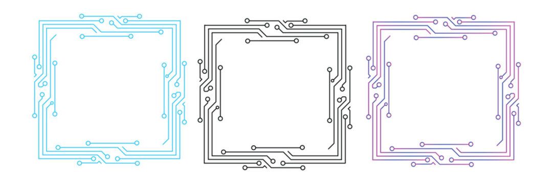 Futuristic circuit frame set digital technology HUD border square interface vector illustration
