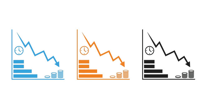 Three colorful flat vector graphic icons depicting declining business trends with clock and coin symbols