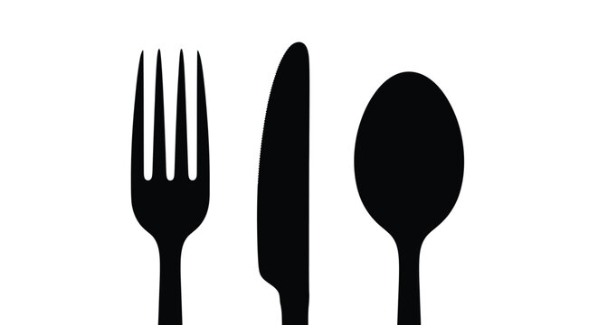 Elegant black vector illustration showing a classic kitchen fork knife and spoon dining utensil set