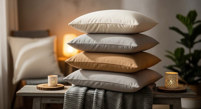 Stack of fluffy pillows in neutral tones with cozy atmosphere and soft lighting, stylish home decor concept highlighting comfort, texture, and modern interior aesthetic.