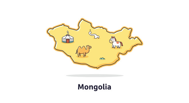 Mongolia map illustration with yurt, camel, horse, and goose, copy space
