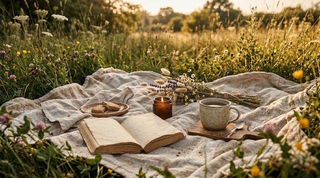 minimal outdoor living concept with picnic setup on grass