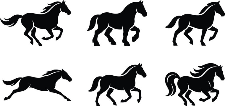 Dynamic Running Horse Silhouette Vector Set Featuring Galloping Mustangs and Trotting Stallions for Equestrian Club Logos, Western Ranch Branding, and High Motion Sports Graphic Designs