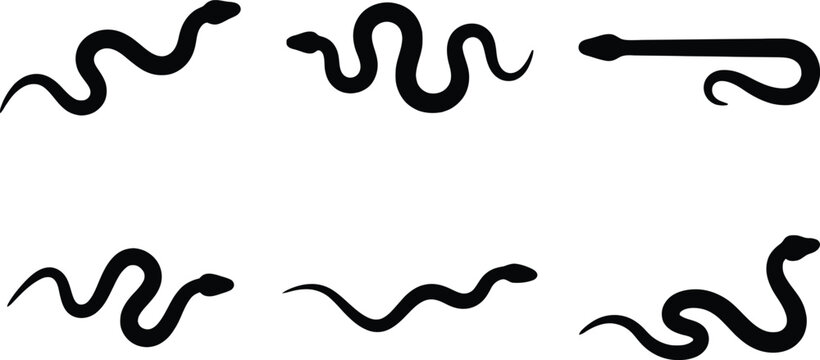 Black Snake Silhouette Vector Set Featuring Various Slithering and Crawling Serpent Poses for Minimalist Logo Design, Wildlife Graphics, Tattoo Art, and Abstract Nature Illustrations
